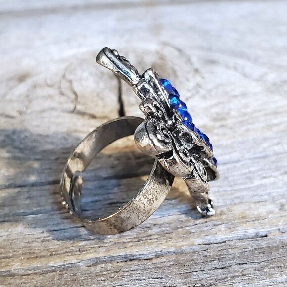 Vintage Y2K 90s Cobalt Blue Crystal Butterfly Silver Adjustable Cocktail Ring - Picture 3 of 8